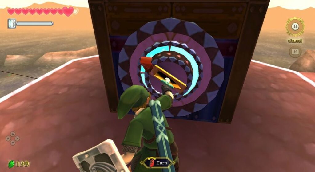 Link turning a dial with the Master Sword